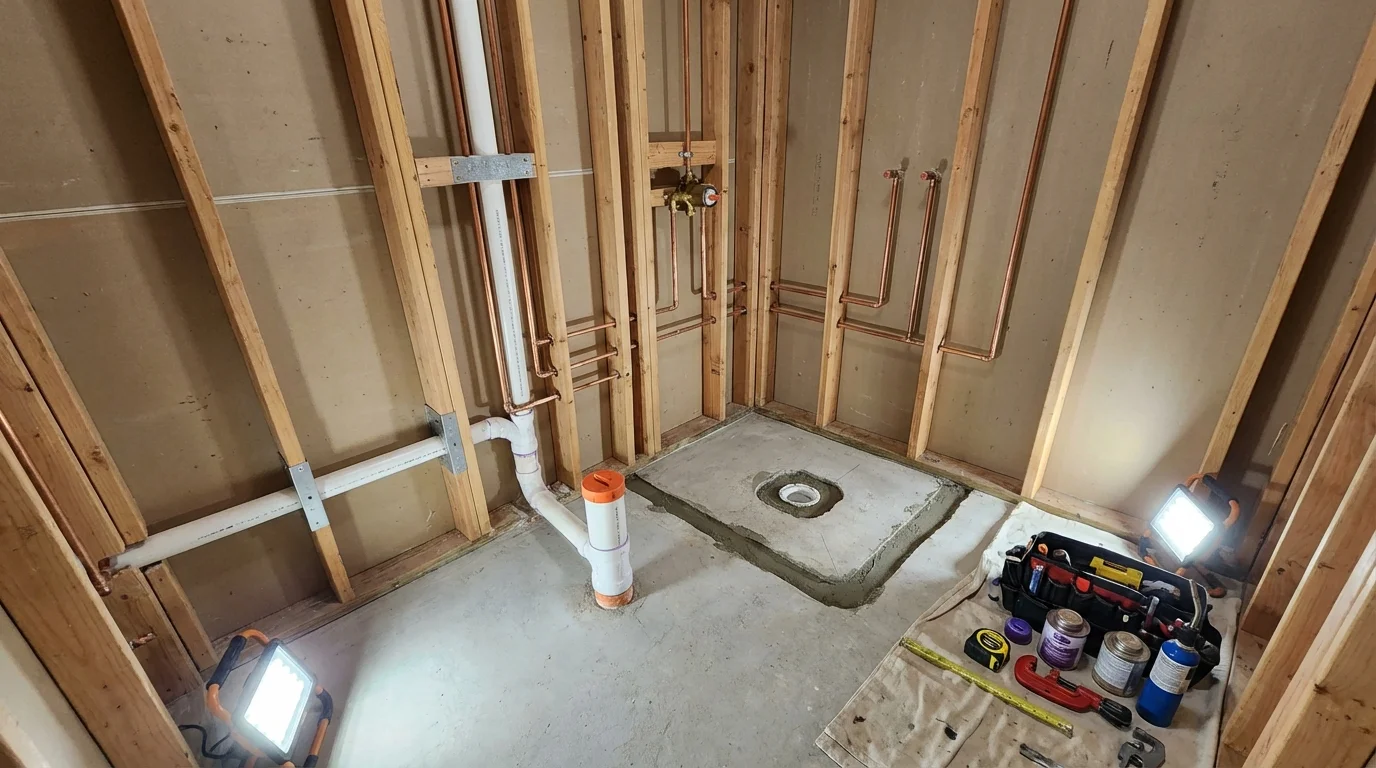 Bathroom rough-in plumbing during remodel by Johns Plumbing LLC in State College