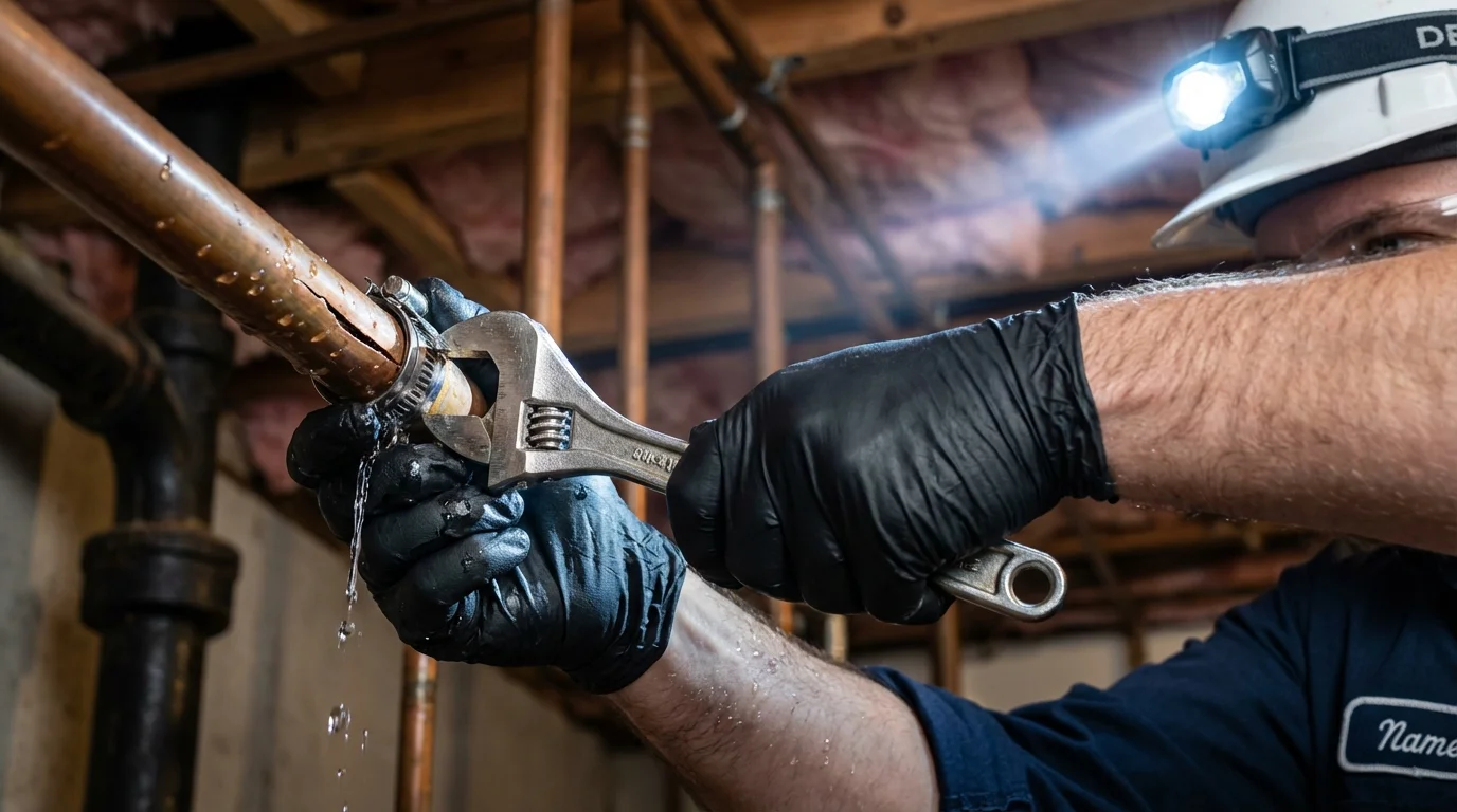 Emergency pipe clamp repair being performed by a Johns Plumbing LLC plumber in State College