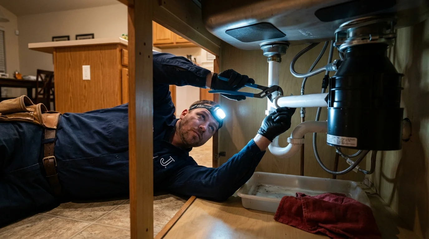 P-trap and supply line connections under a kitchen sink showing a common leak point in State College, PA